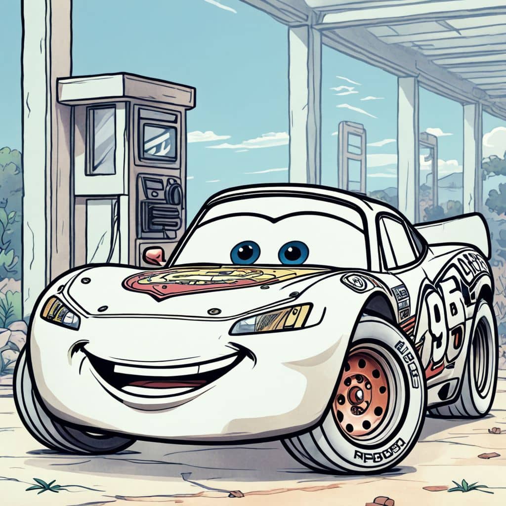 Colored Lightning McQueen from Cars cartoon movie fueling at the gas station