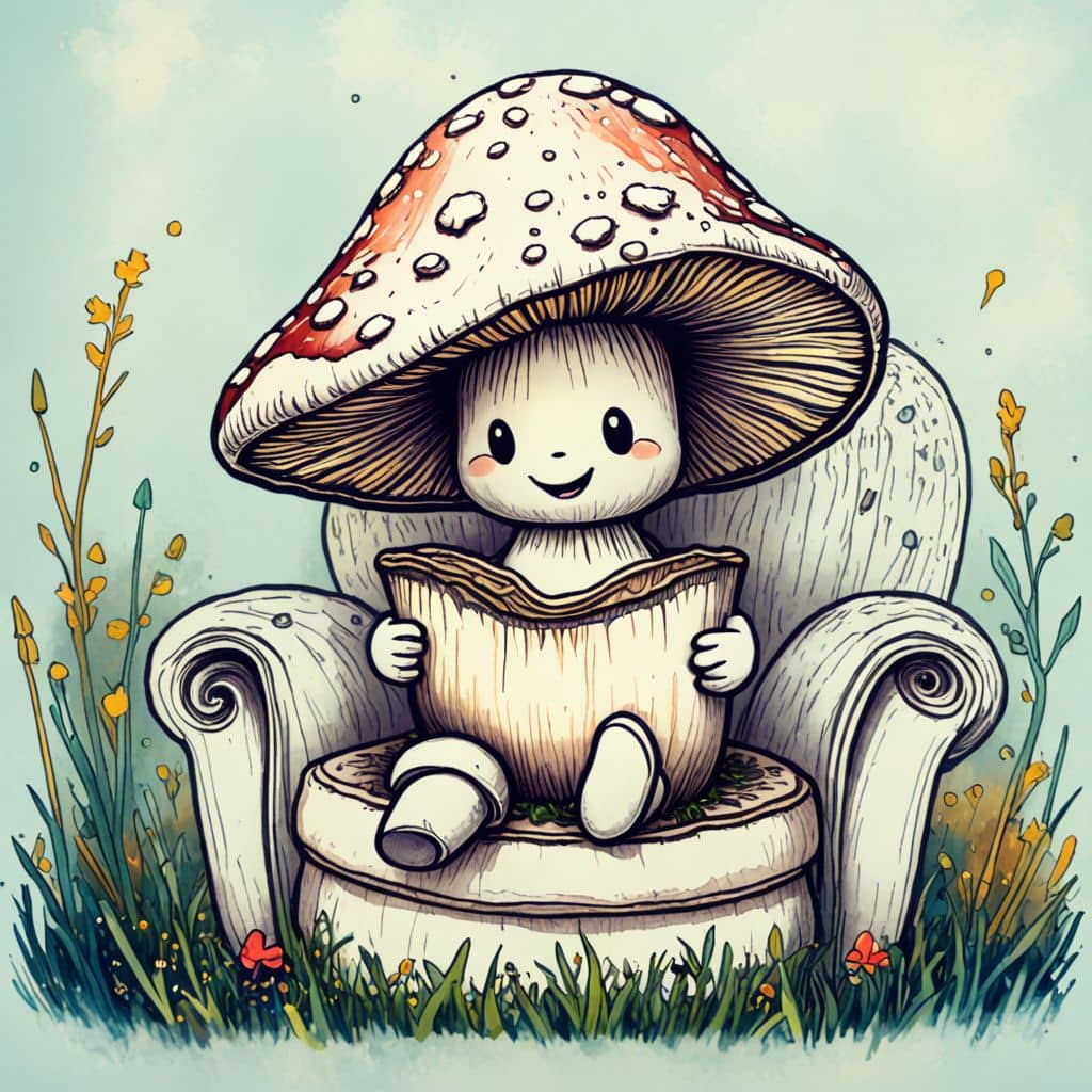 Colored Mushroom reading a book on a cozy chair