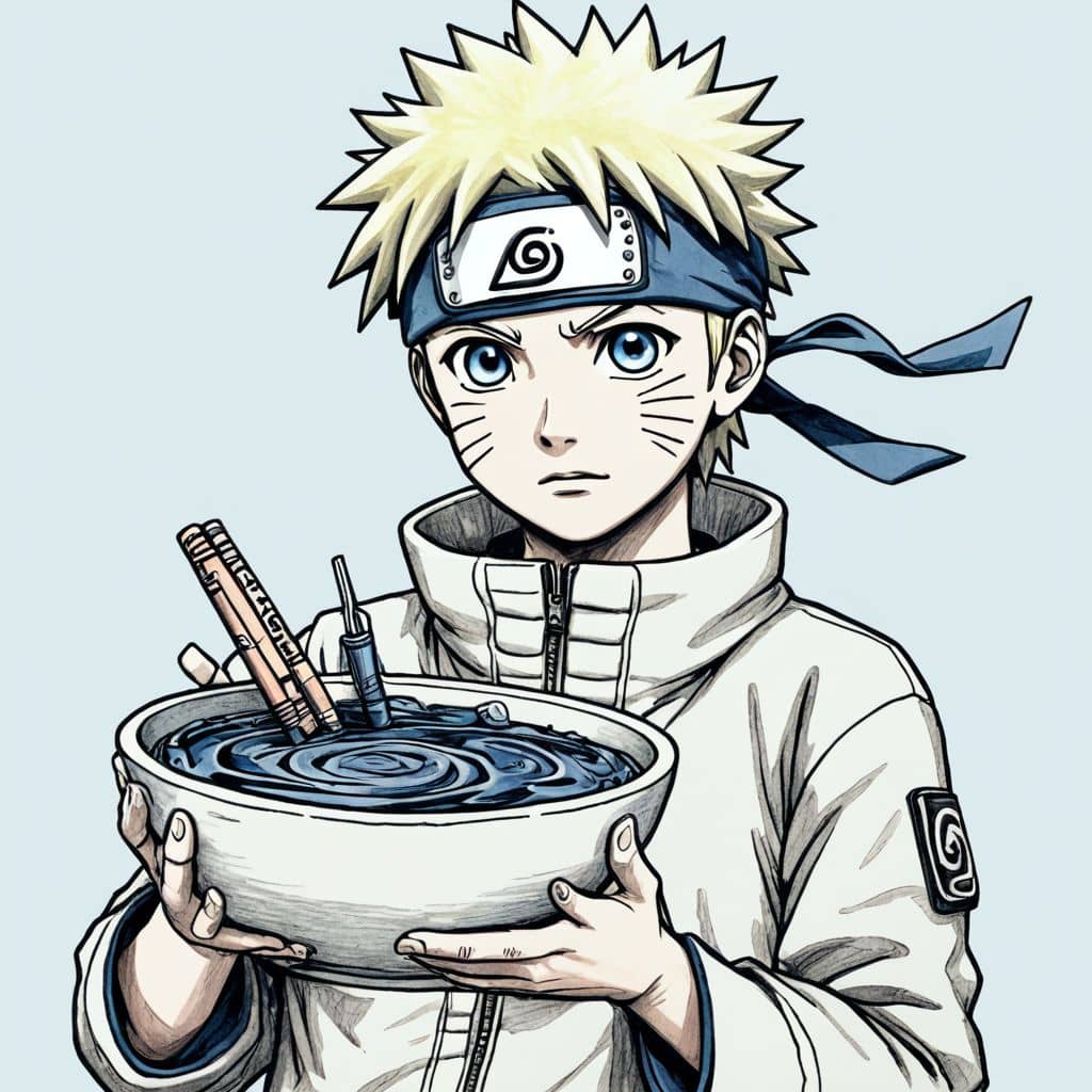 Colored Naruto - the ninja from Naruto anime holding a ramen bowl