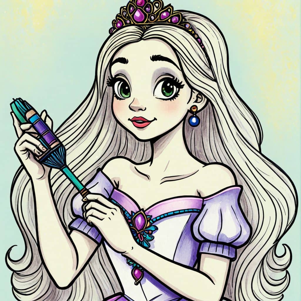 Colored Princess brushing her hair with a jeweled brush
