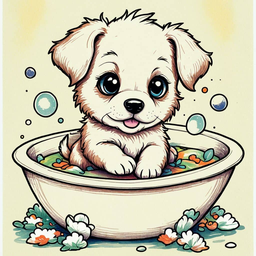 Colored Puppy playing with bubbles in the tub