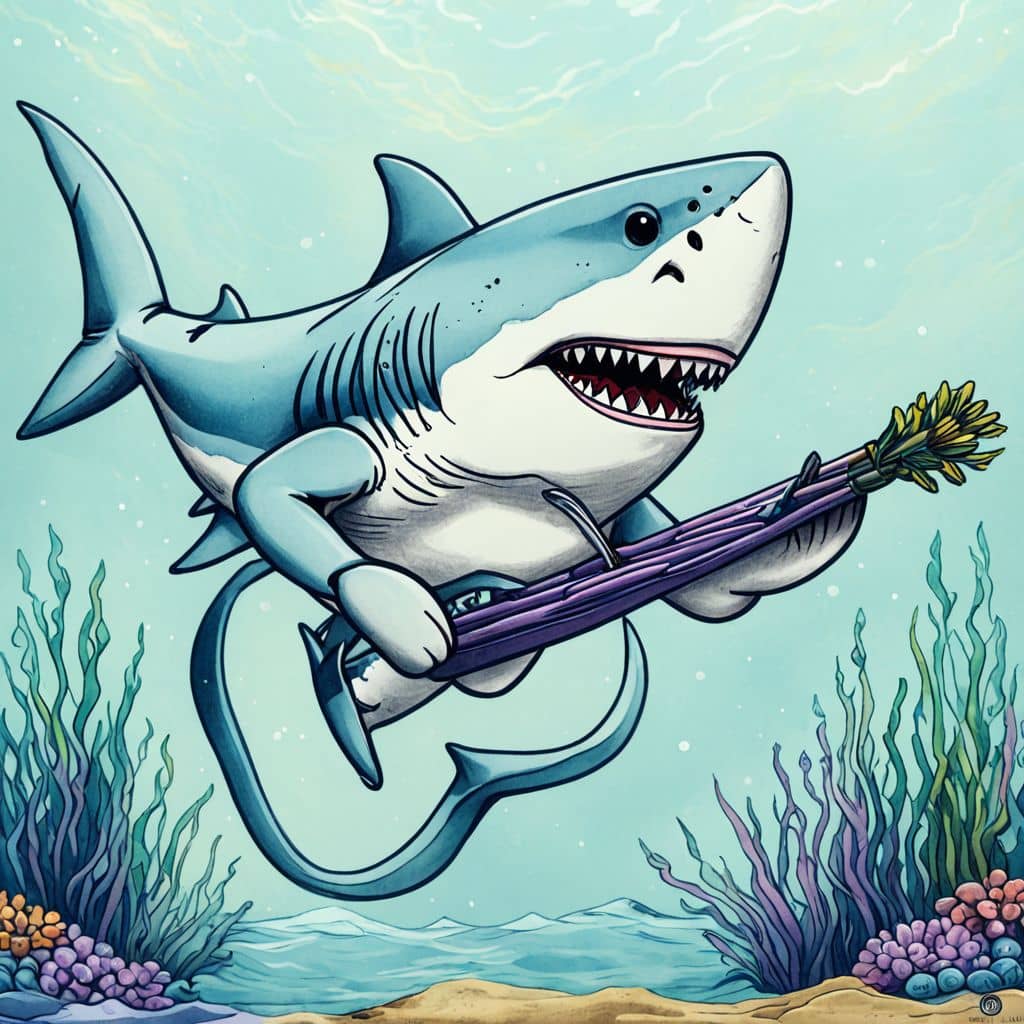 Colored Shark playing a guitar underwater