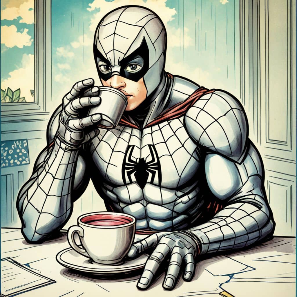 Colored Spider-Man - the superhero from Marvel universe drinking coffee
