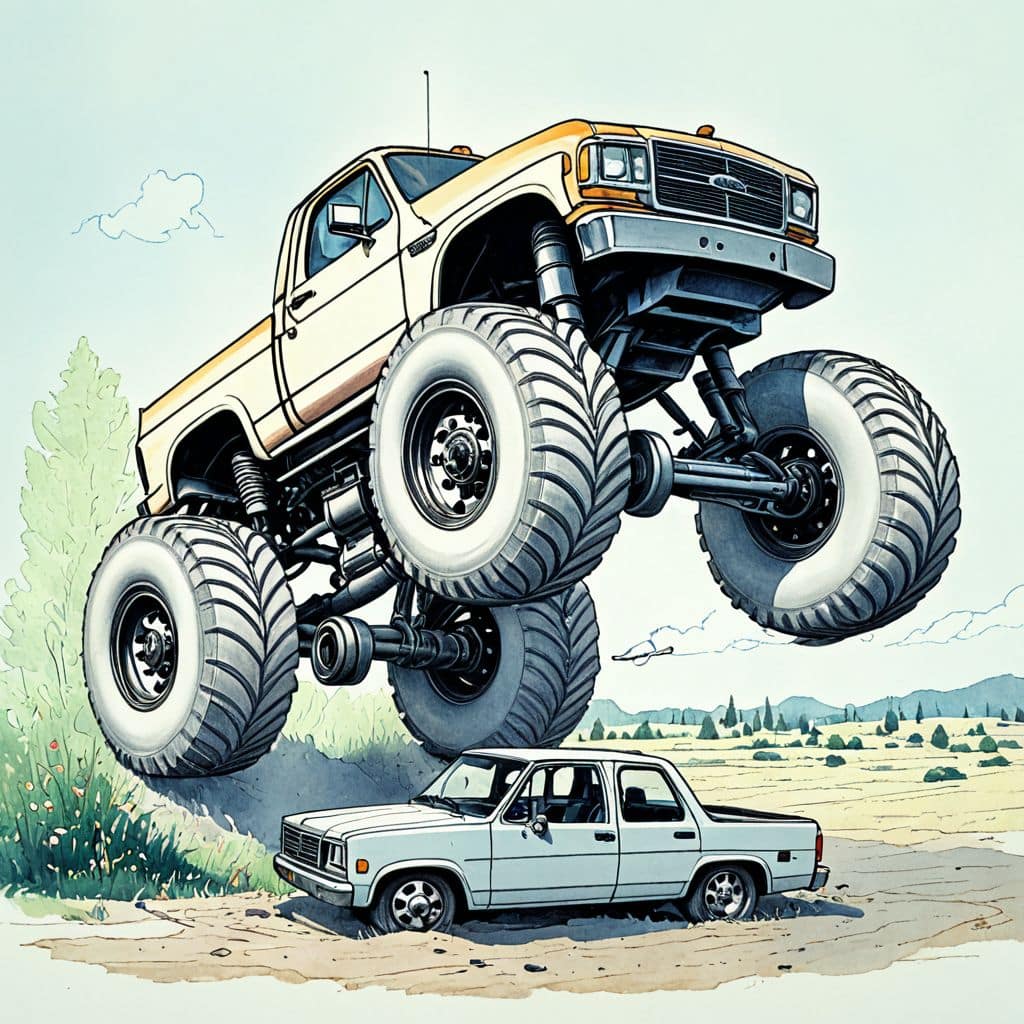 Colored Monster Truck jumping over cars