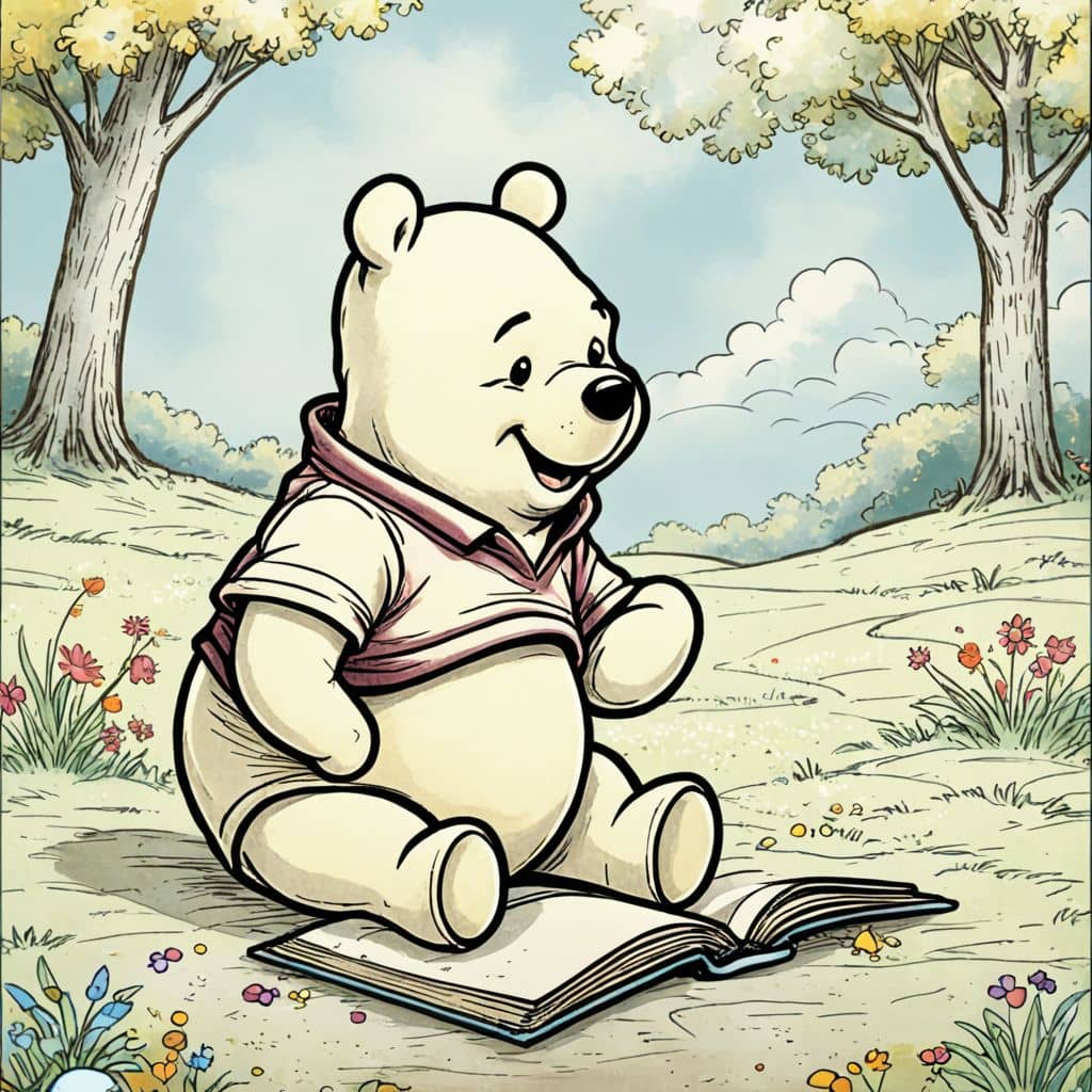 Colored Winnie The Pooh reading a book