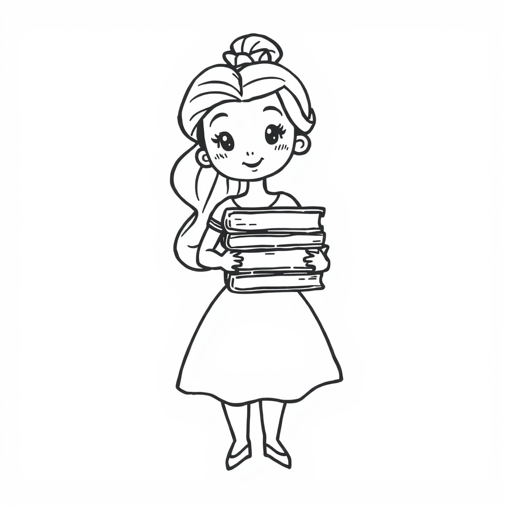 Belle holding a stack of books