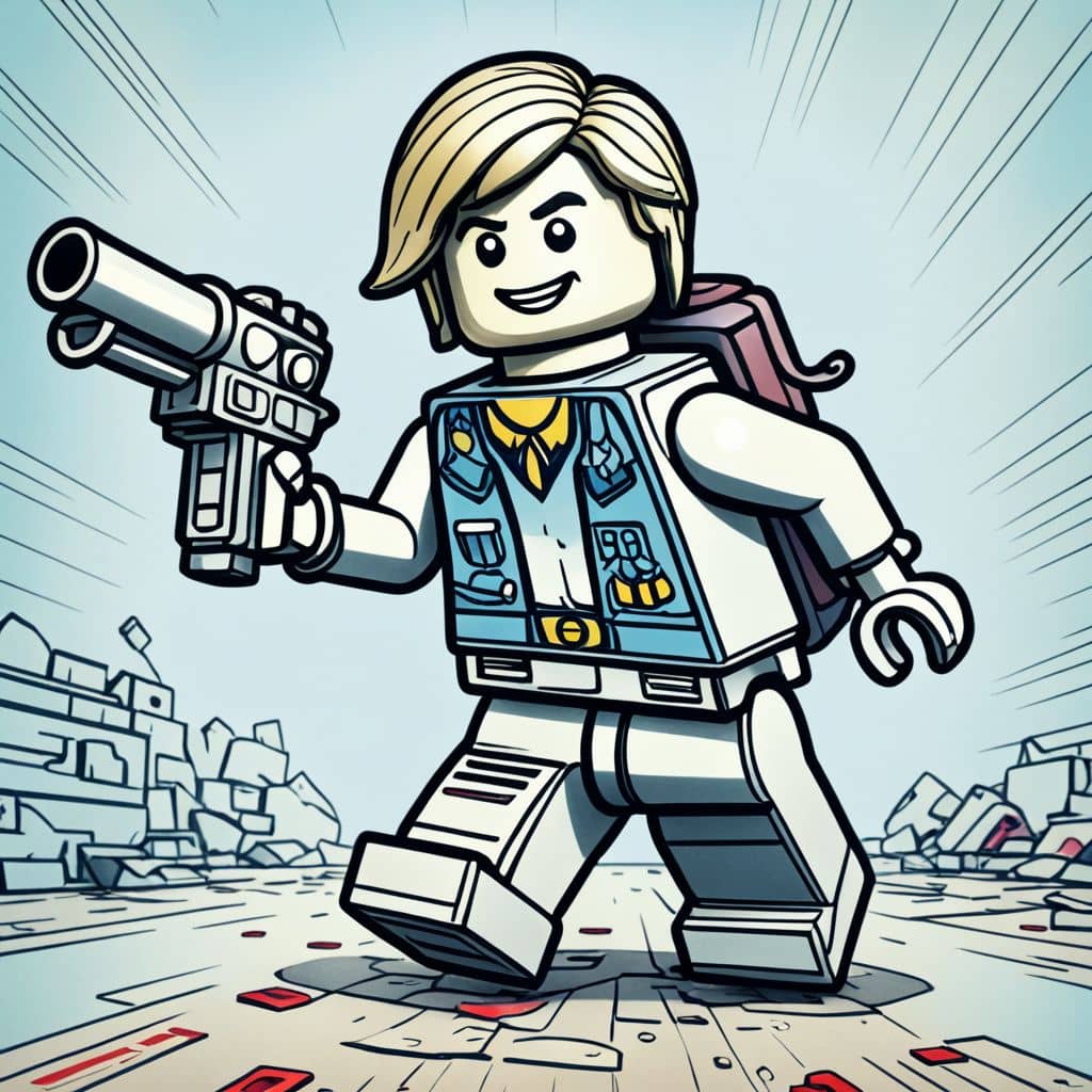 Colored Lucy - the action hero from The Lego Movie using a computer in the school lab
