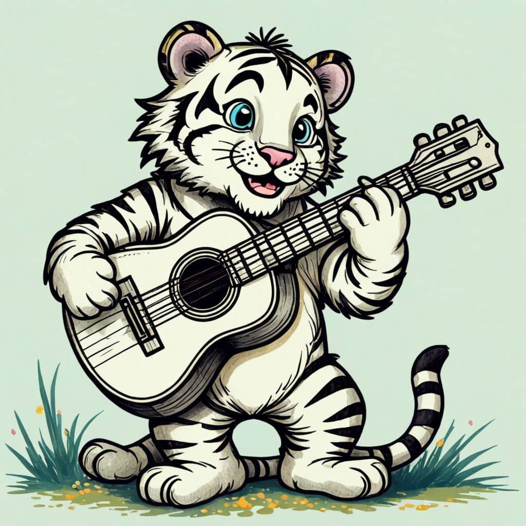 Colored Tiger strumming an acoustic guitar