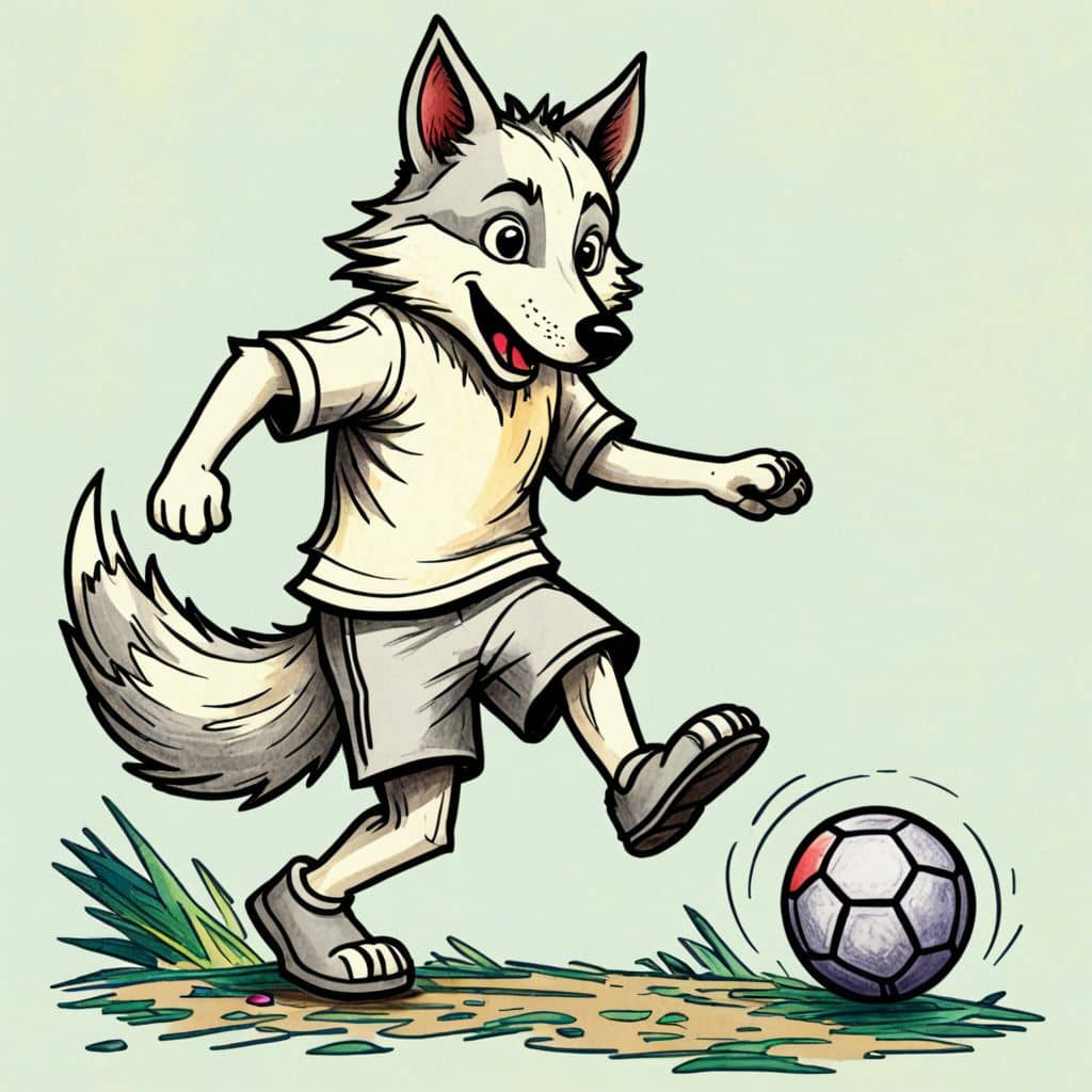 Colored Wolf kicking a soccer ball