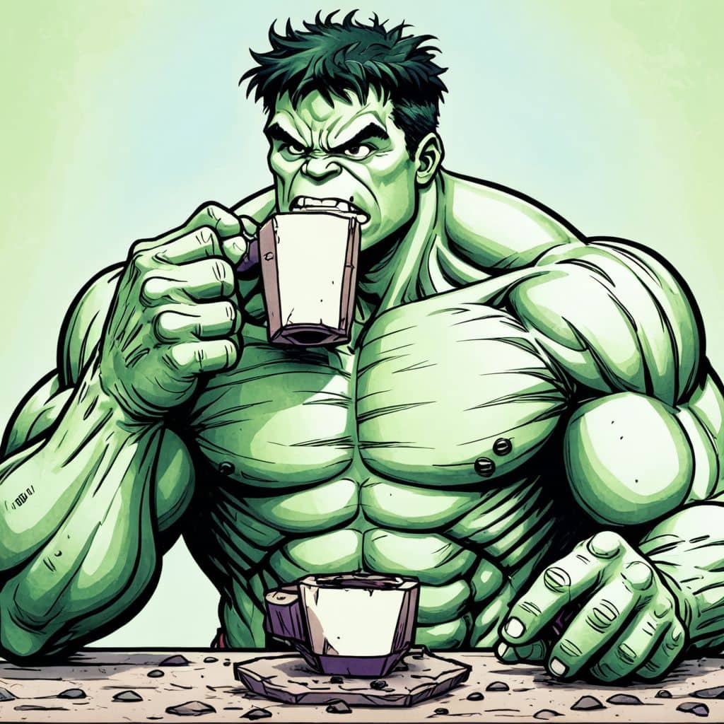 Colored Hulk - the superhero from Marvel Comics drinking coffee