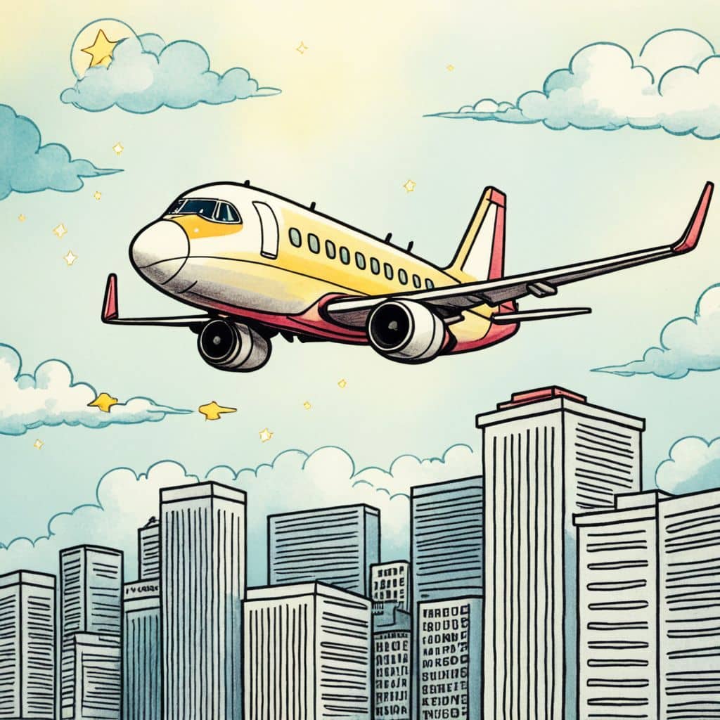 Colored Airplane above a cityscape with tall buildings