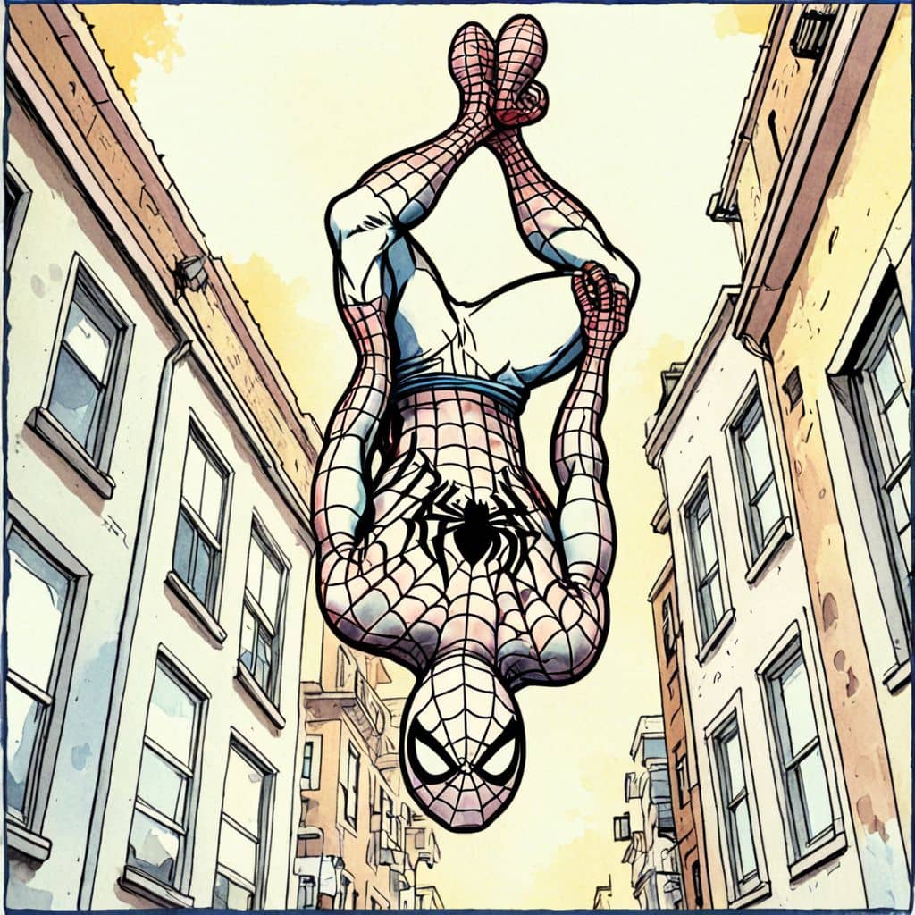 Colored Spiderman hanging upside down