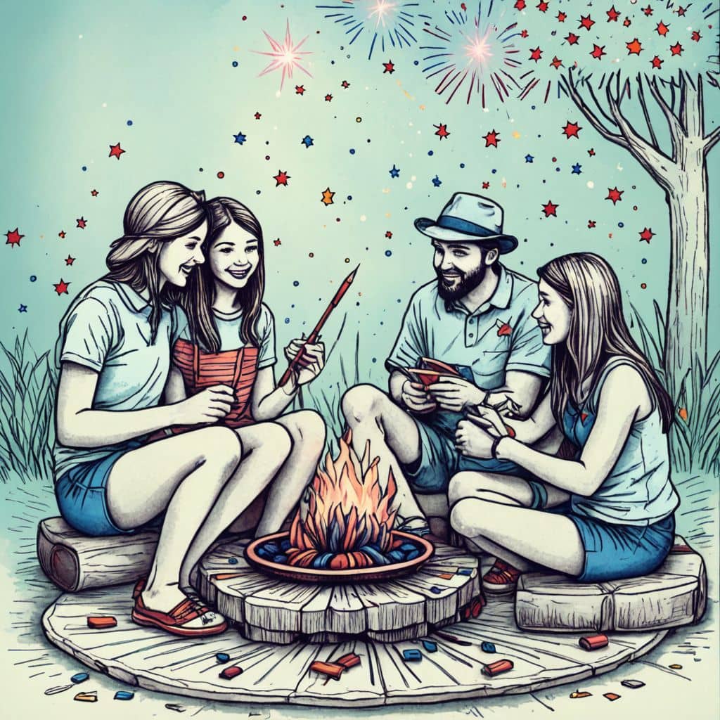 Colored Friends playing with sparklers near barbecue