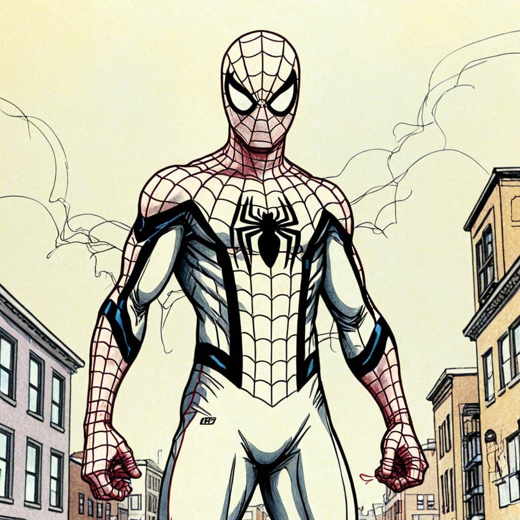 Colored Spiderman standing heroically