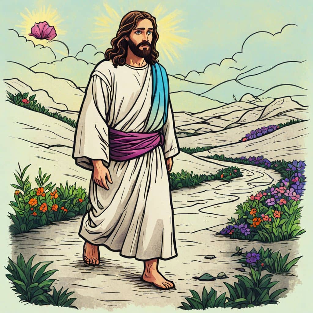 Colored Jesus walking beside a stream