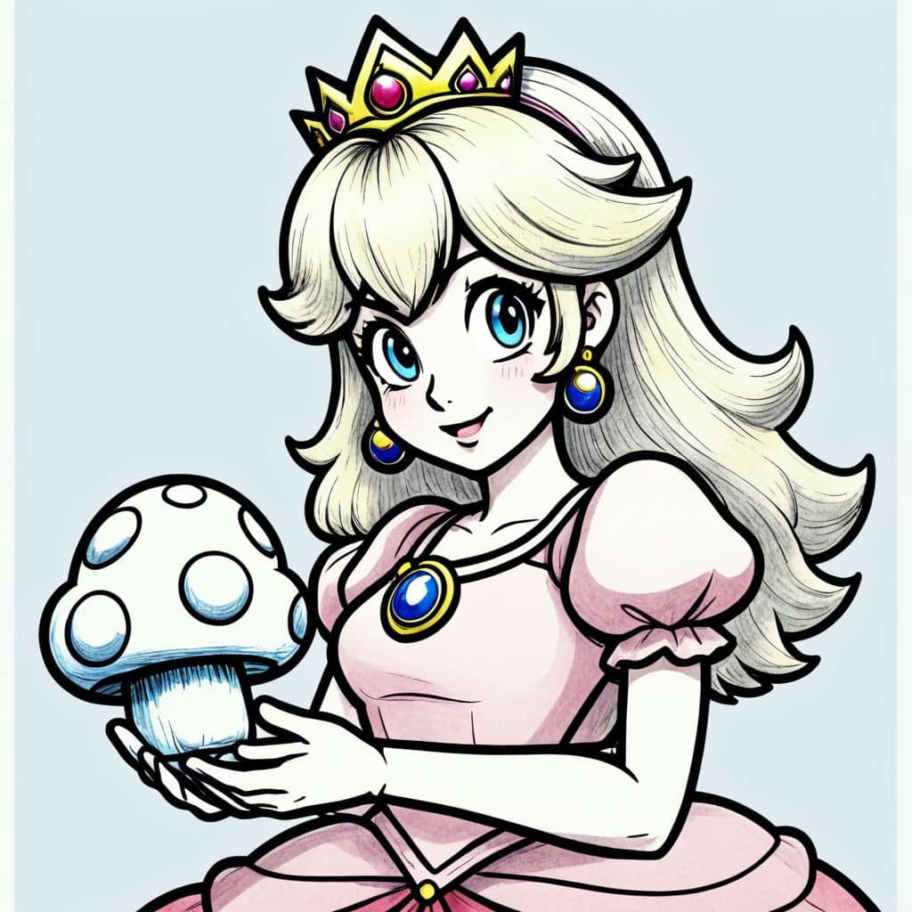Colored Princess Peach holding mushroom
