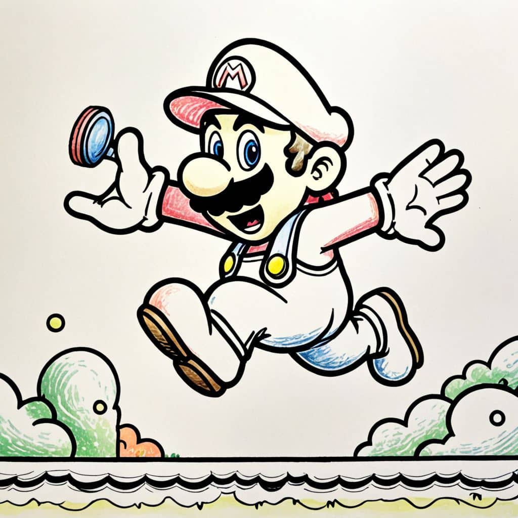 Colored Mario jumping for a coin