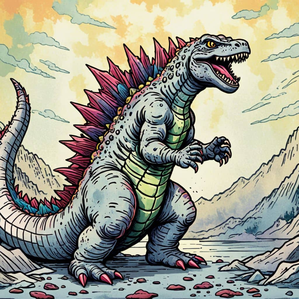 Colored Godzilla roaring at sunset
