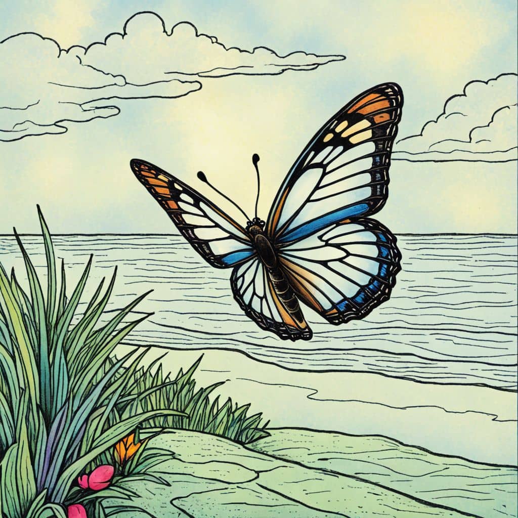 Colored Butterfly flying over a sandy beach