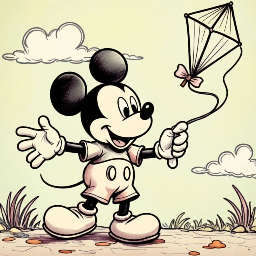 Colored Mickey Mouse flying a kite