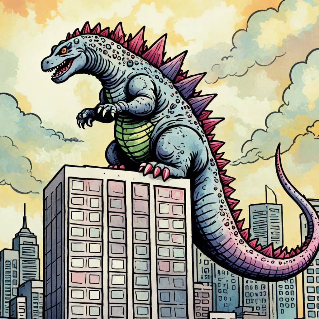 Colored Godzilla atop a skyscraper