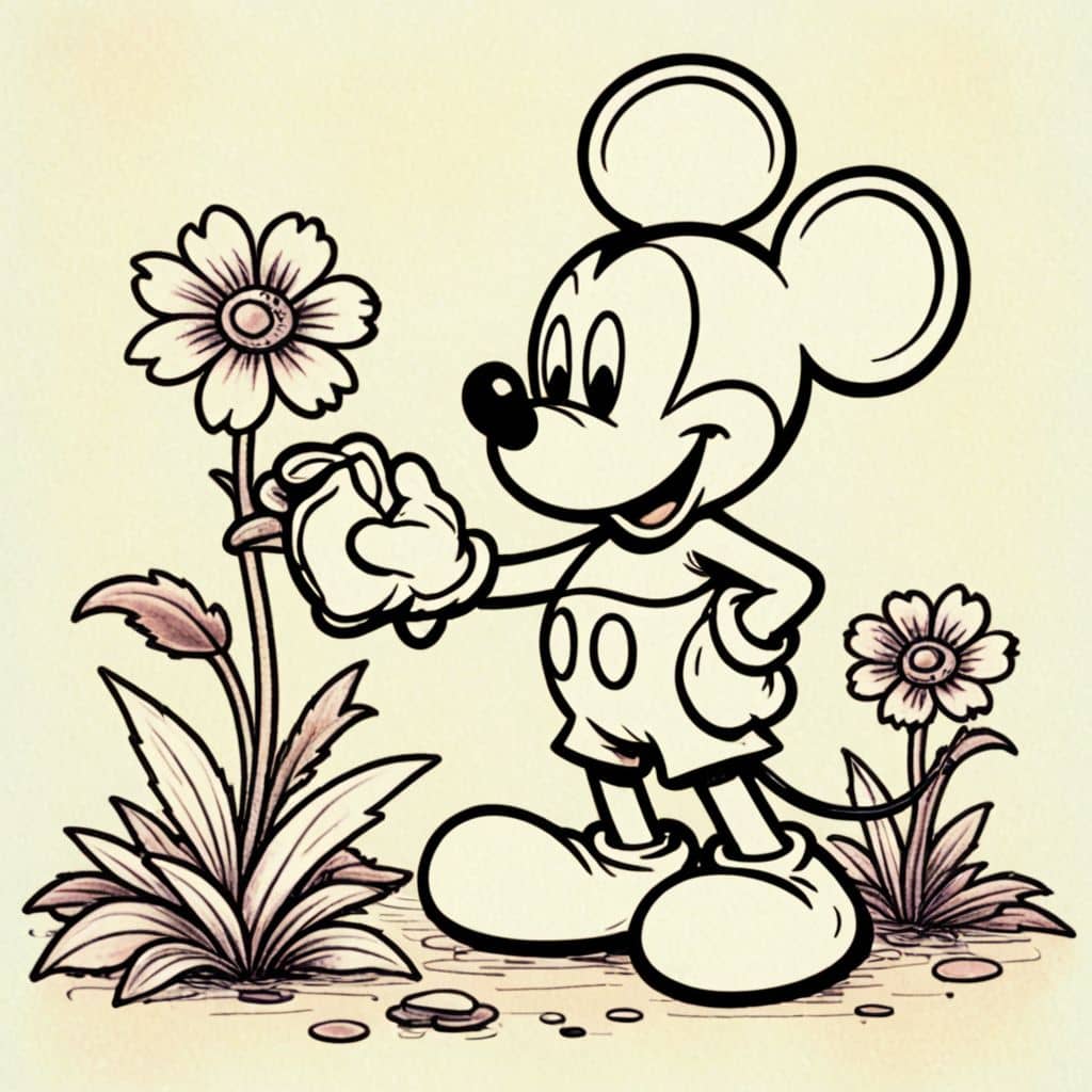 Colored Mickey Mouse watering a flower