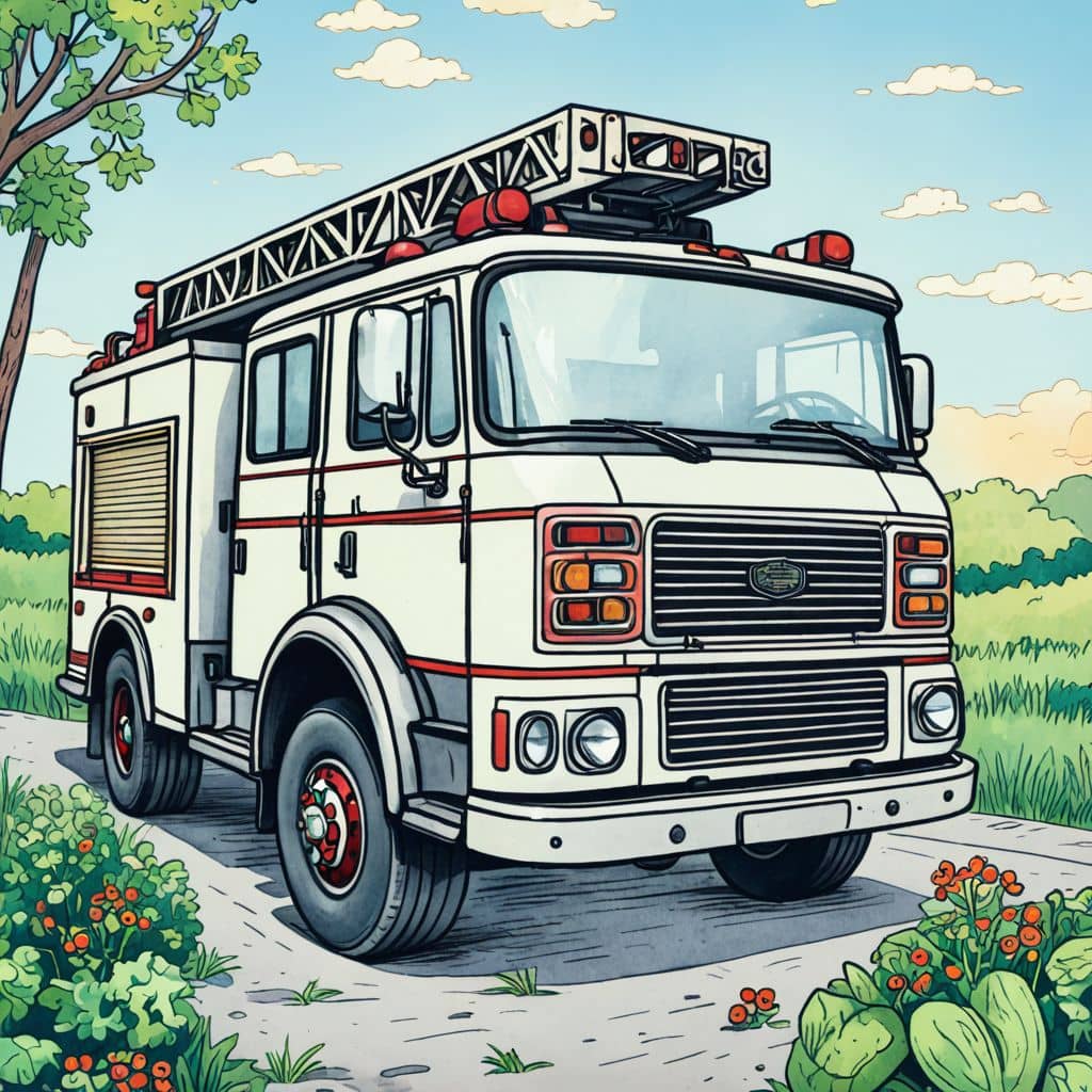 Colored Fire truck surrounded by scattering strawberries