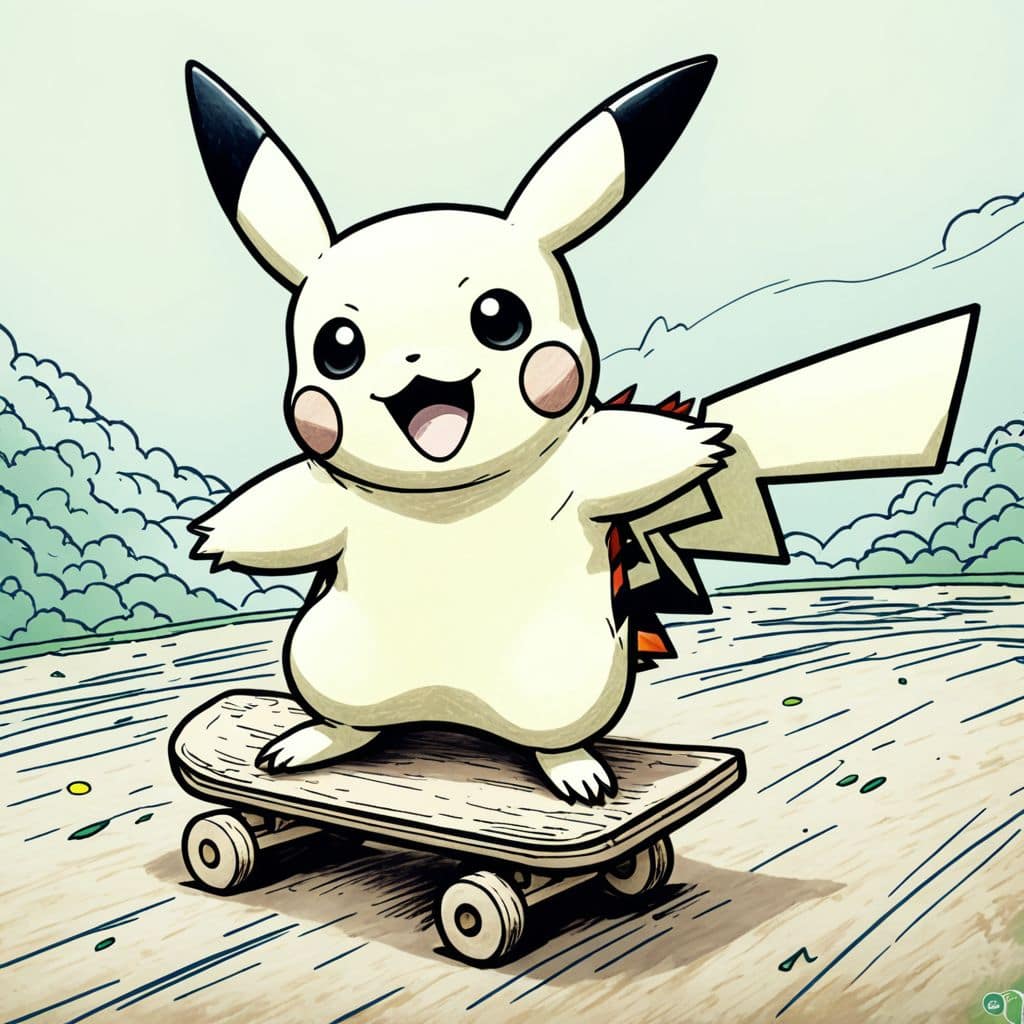 Colored Pikachu riding a skateboard