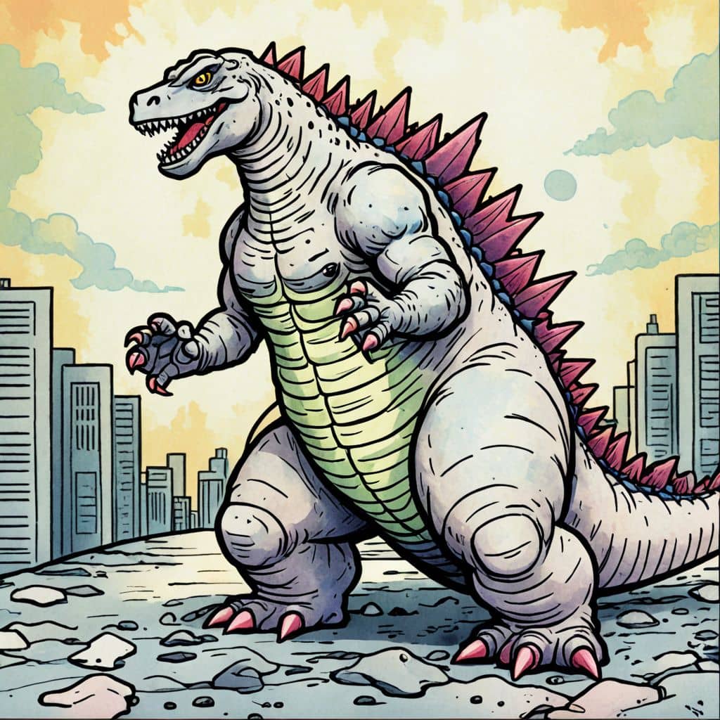 Colored Godzilla stomping through city