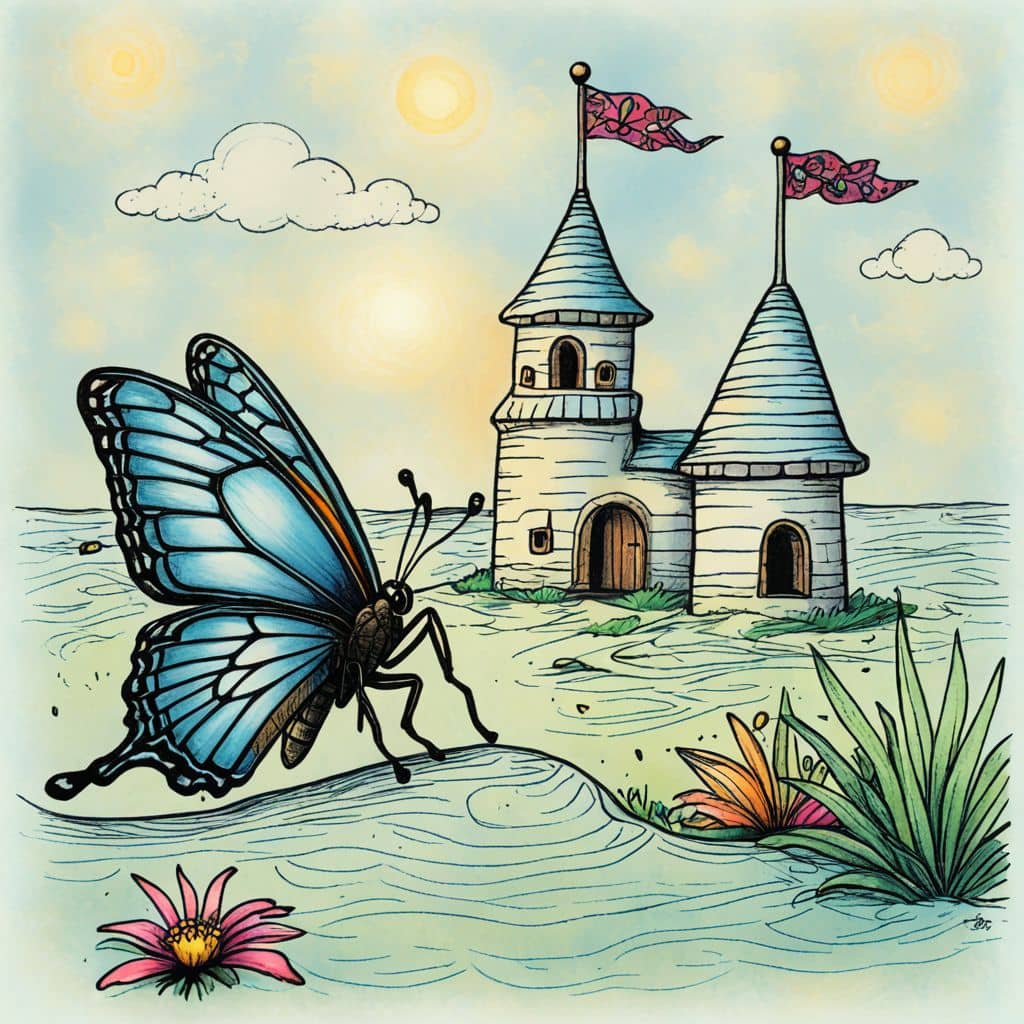Colored Butterfly playing near a sandcastle