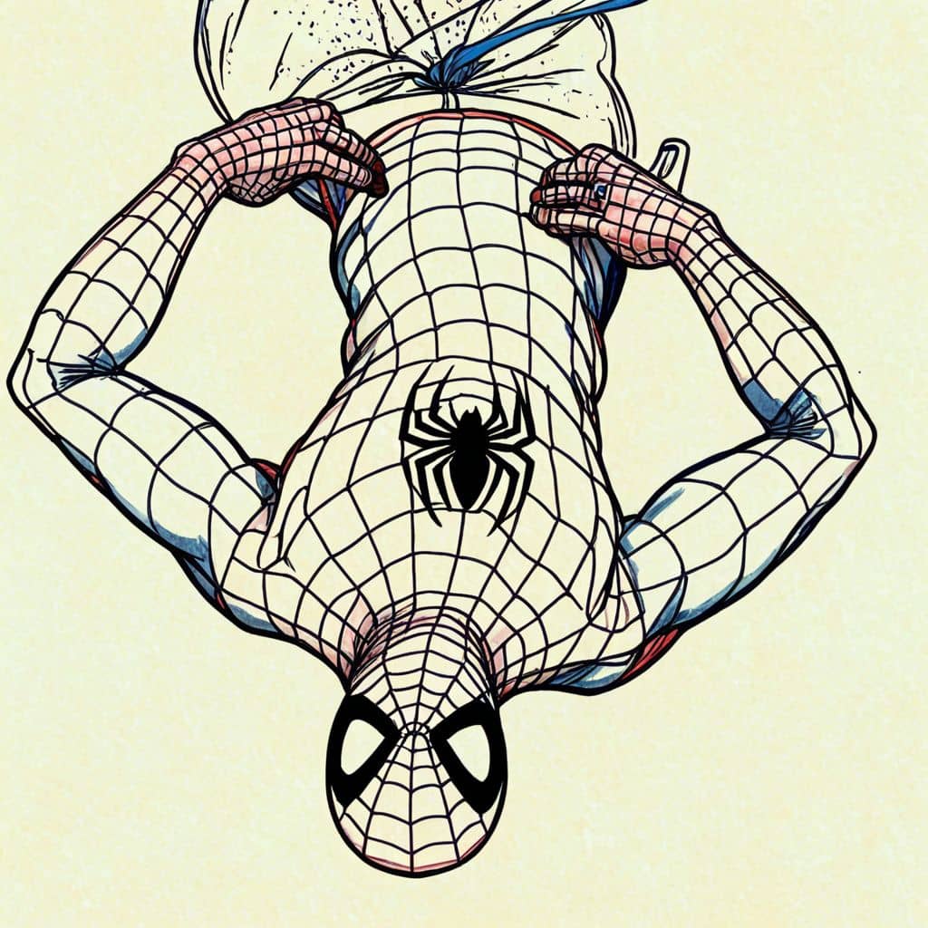 Colored Spiderman hanging upside down