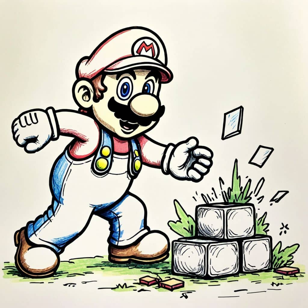 Colored Mario breaking a brick block
