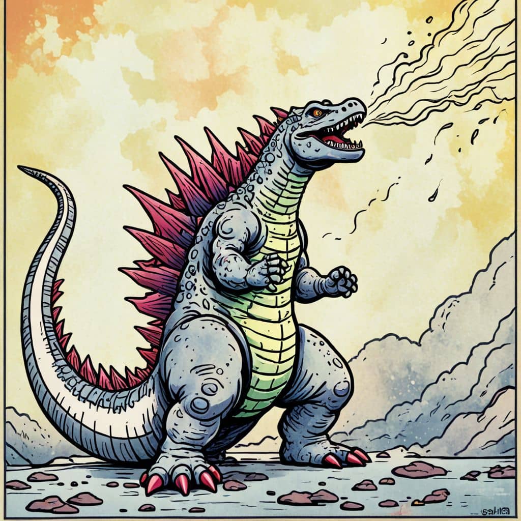 Colored Godzilla breathing fire upward