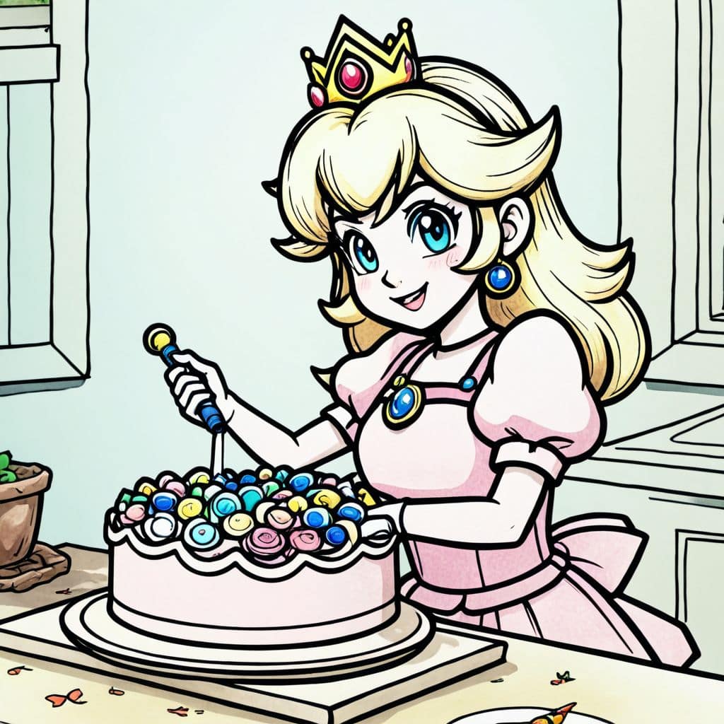 Colored Princess Peach - baking a cake