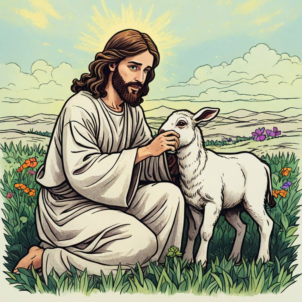Colored Jesus petting a lamb on a meadow