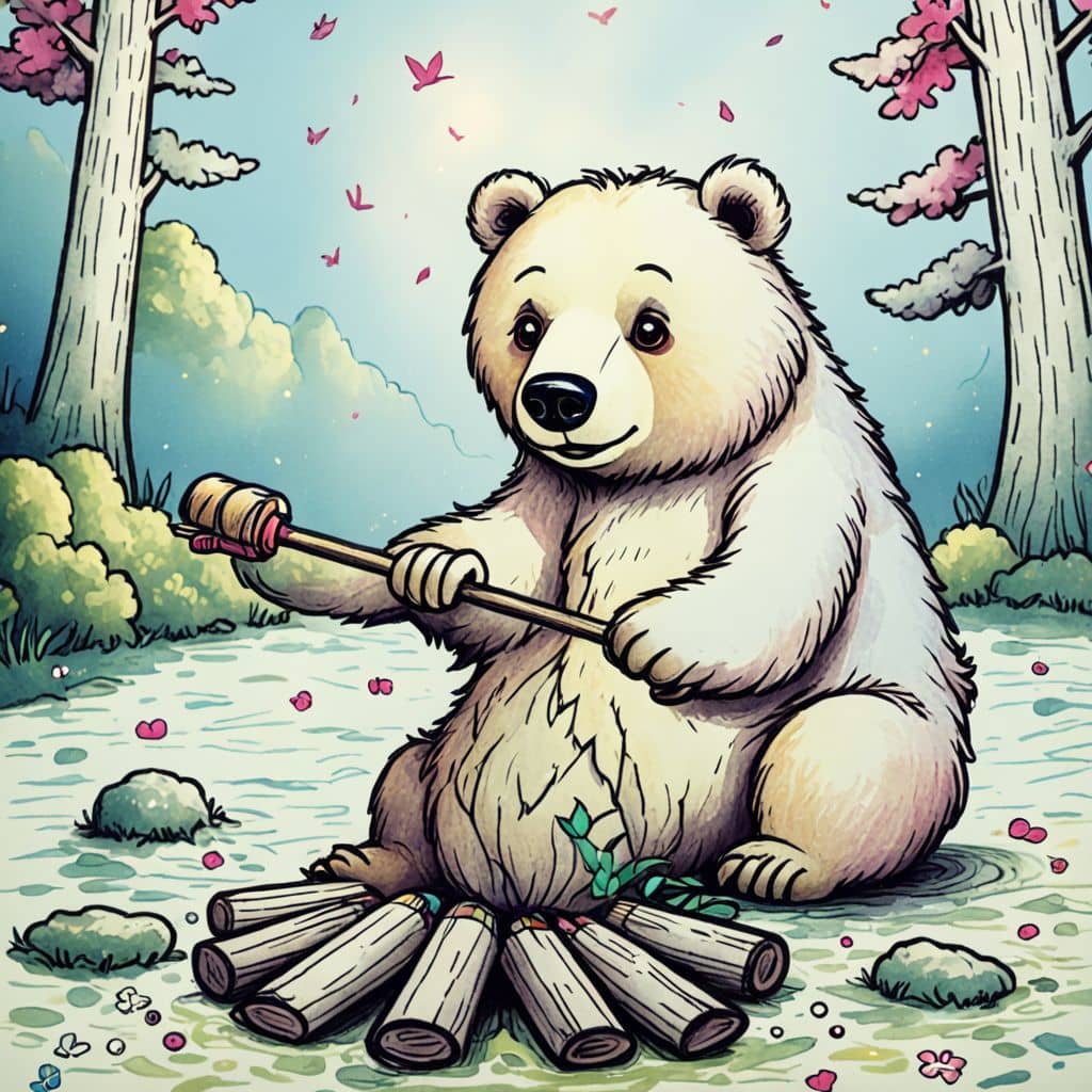 Colored Bear roasting marshmallows