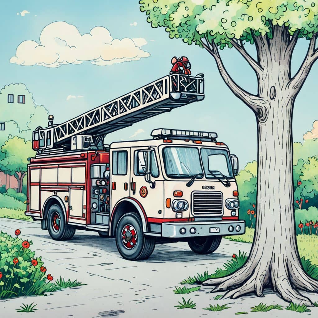 Colored Fire truck rescues kitten from tree