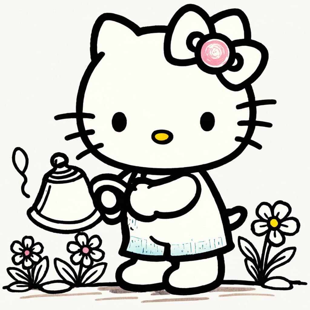 Colored Hello Kitty - watering flowers
