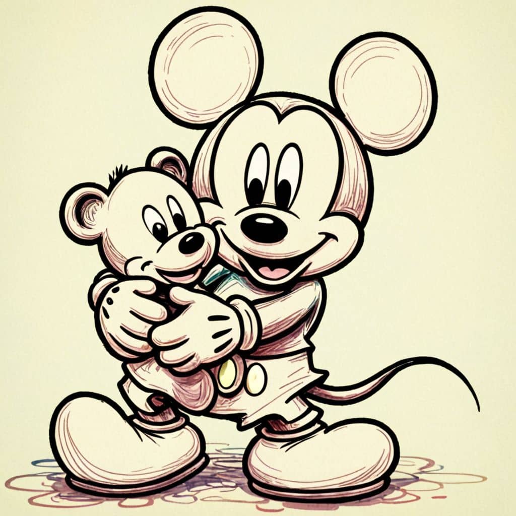 Colored Mickey Mouse hugging a teddy