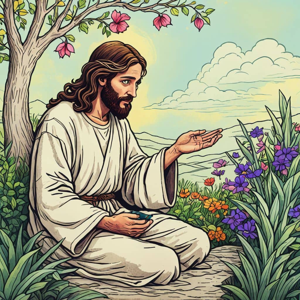 Colored Jesus in a garden