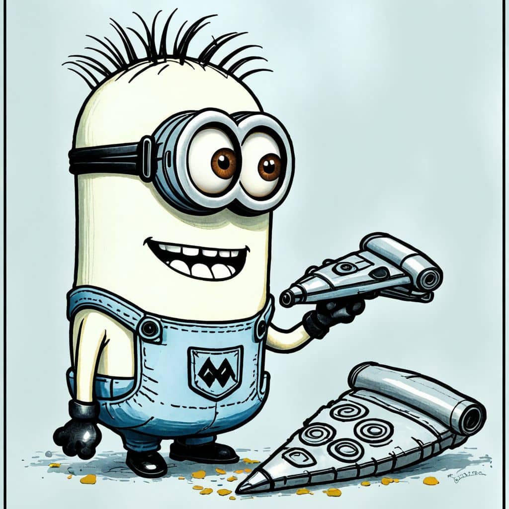Colored Minion from Despicable Me sharing a pizza slice