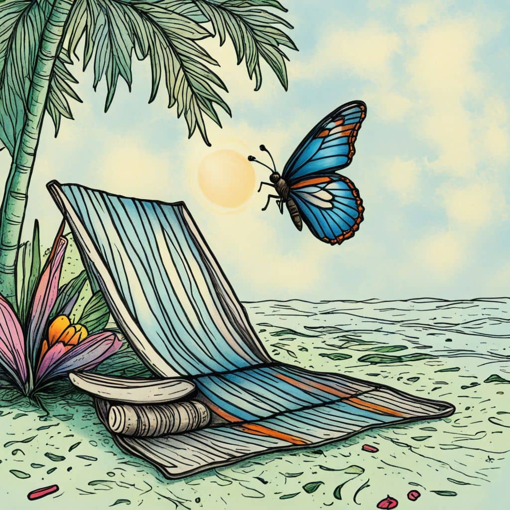 Colored Butterfly fluttering near a beach towel.