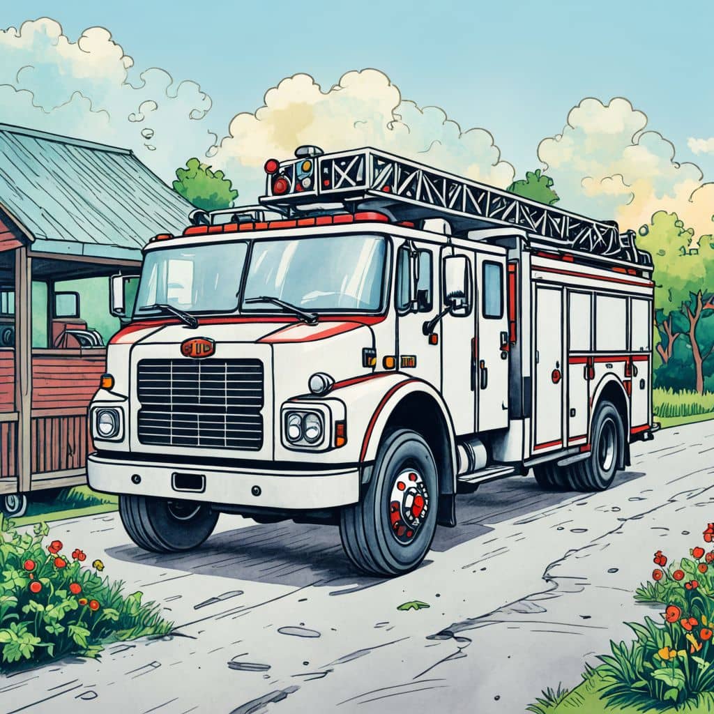 Colored Fire truck parked by a vegetable stand with tomatoes