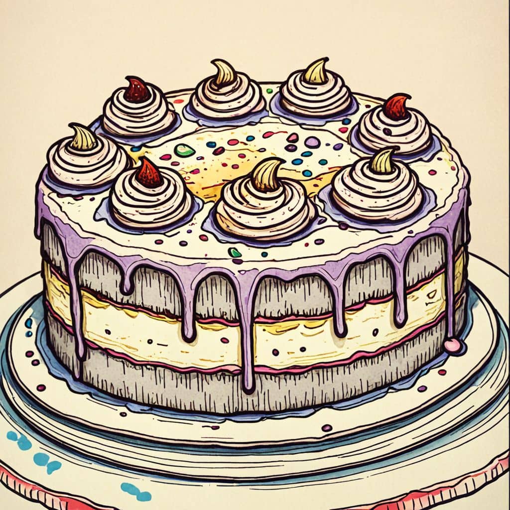 Colored Cake with caramel drizzle.