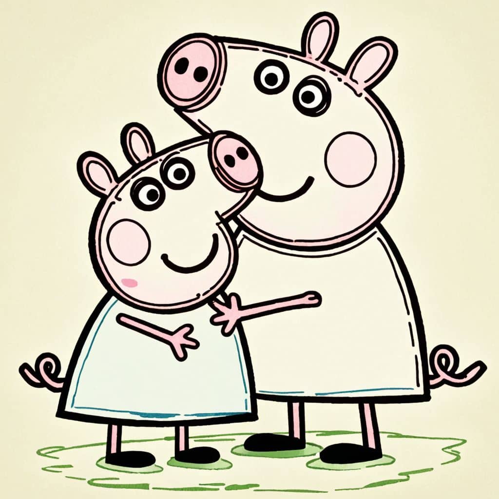 Colored Peppa Pig hugging teddy