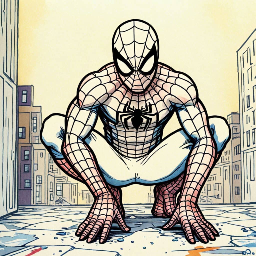 Colored Spiderman in iconic spider pose