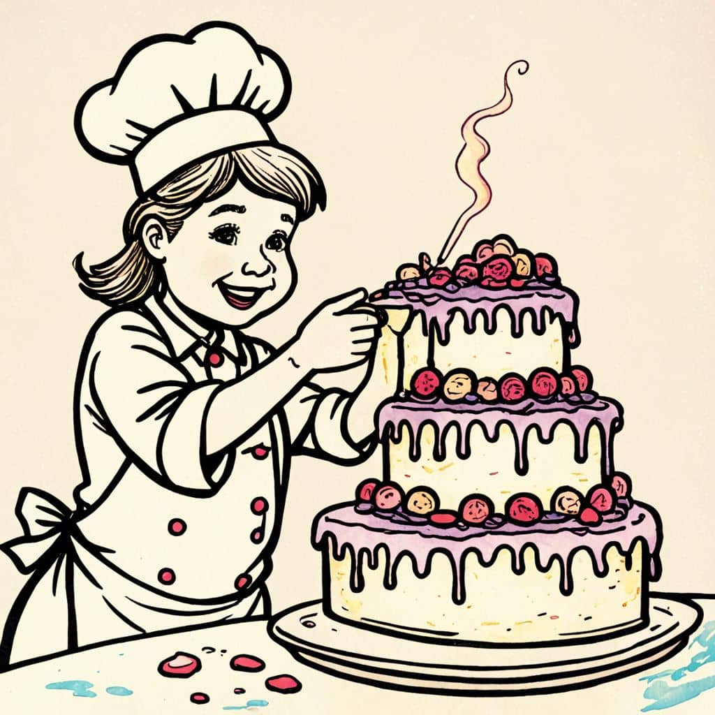 Colored Chef frosting a three-tier cake