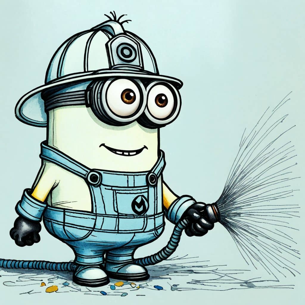 Colored Minion from Despicable Me as a firefighter with a hose