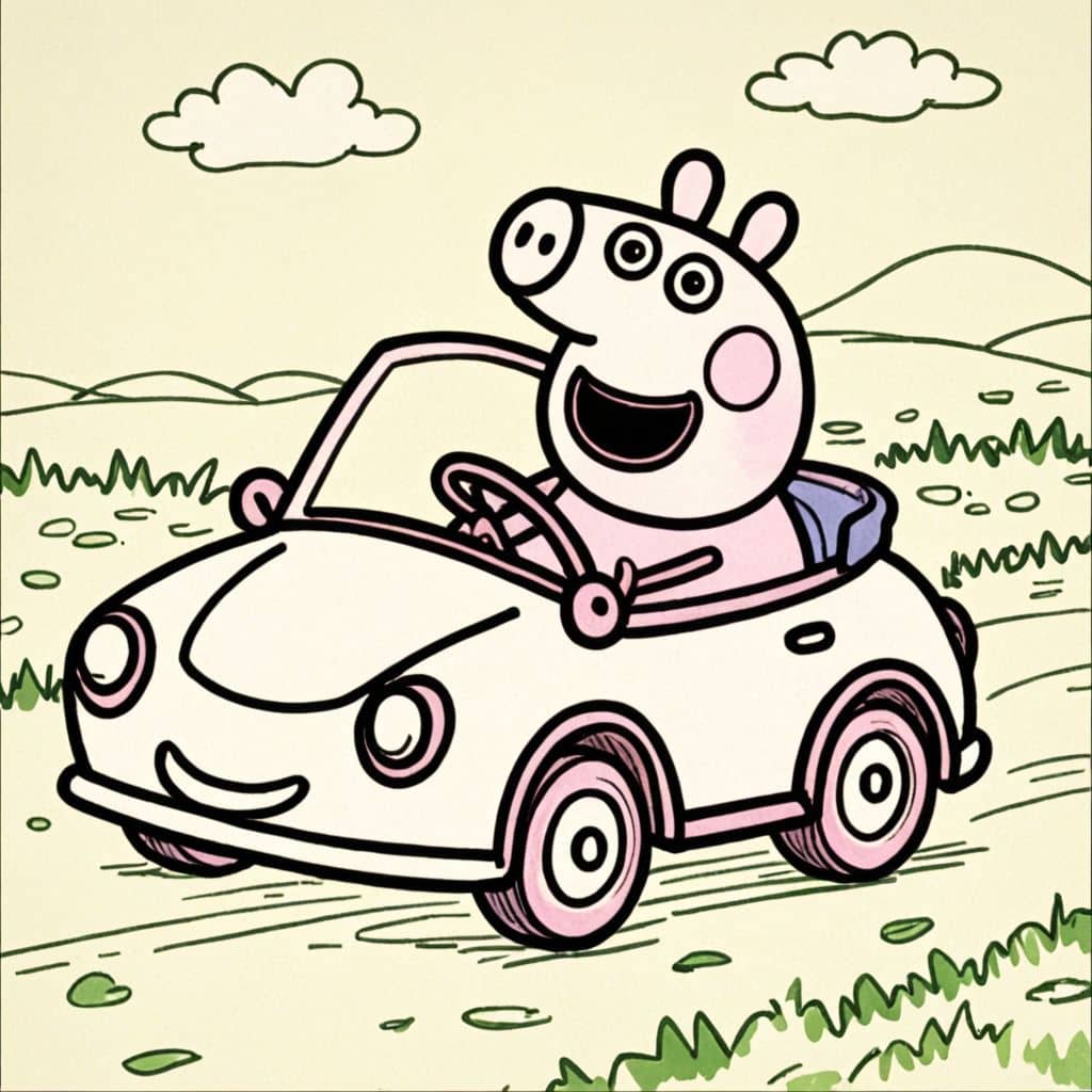 Colored Peppa Pig driving a car
