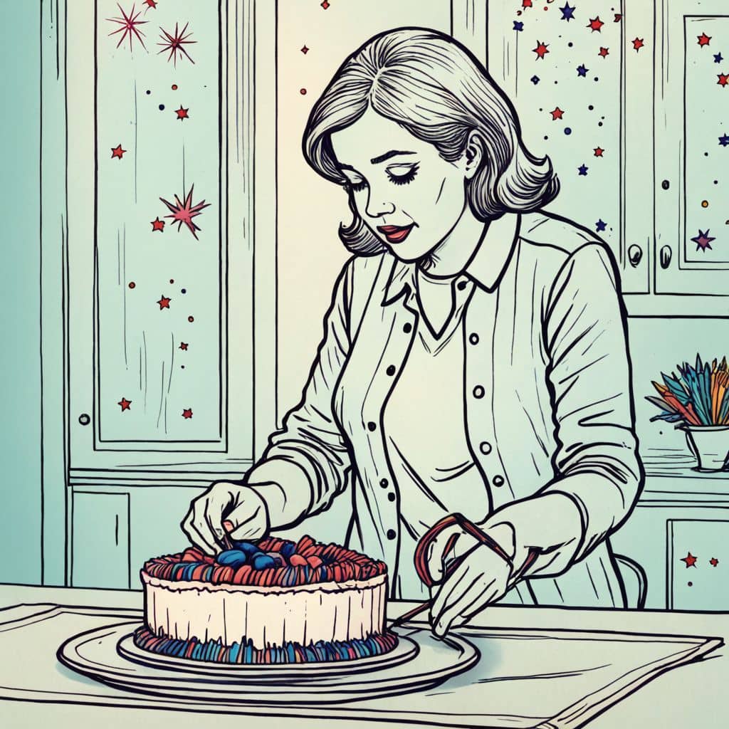 Colored Mom placing a patriotic cake on table